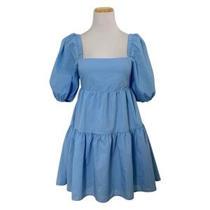 Shy Velvet Tiered Tie Back Puff Sleeve Mini Dress Size Small Baby Blue